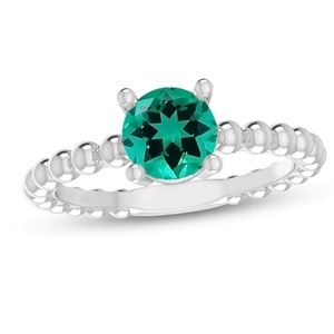 Lab-Created Emerald Round Beaded Ring Sterling Silver